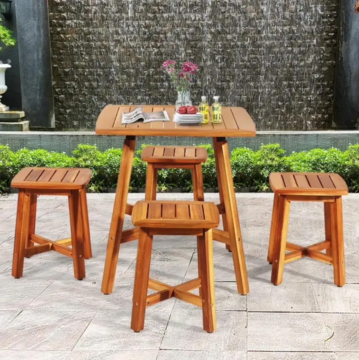 Hivvago 5 Pieces Wood Patio Dining Set with Square Table and 4 Stools