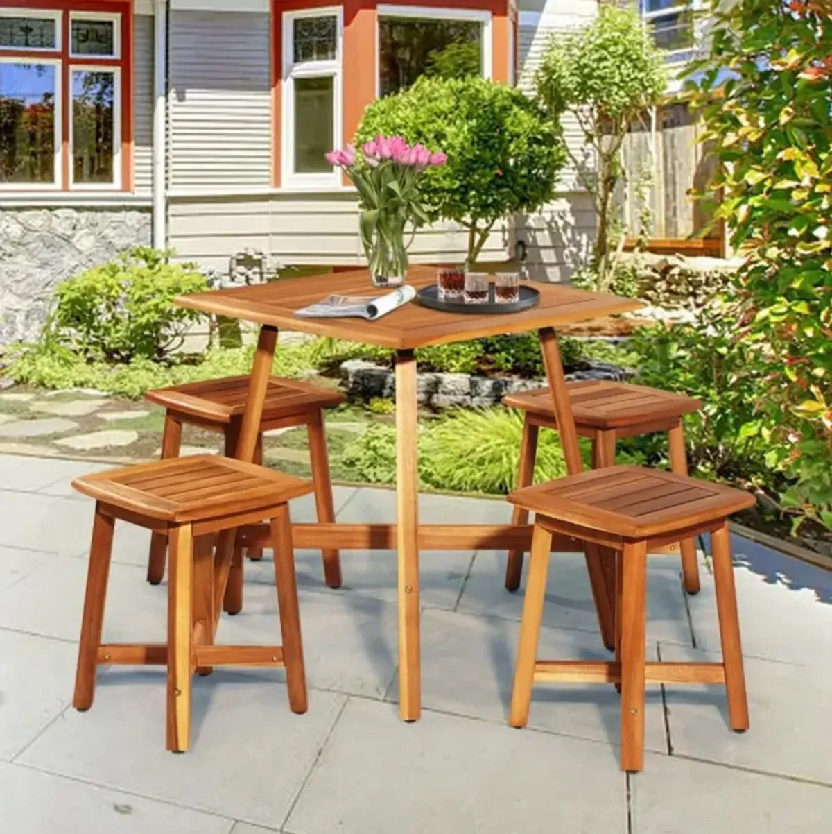 Hivvago 5 Pieces Wood Patio Dining Set with Square Table and 4 Stools