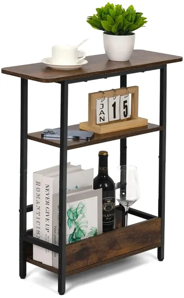 Narrow Side Table for Small Spaces, 3-Tier Small End Table with Storage Shelf and Magazine Holder, Slim and Skinny Nightstand fo