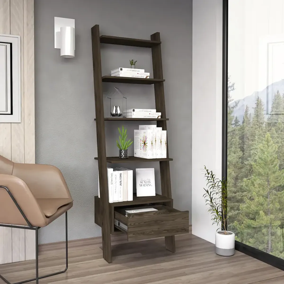 DEPOT E-SHOP Kobe Ladder Bookcase, One Drawer, Five Open Shelves, Dark Walnut