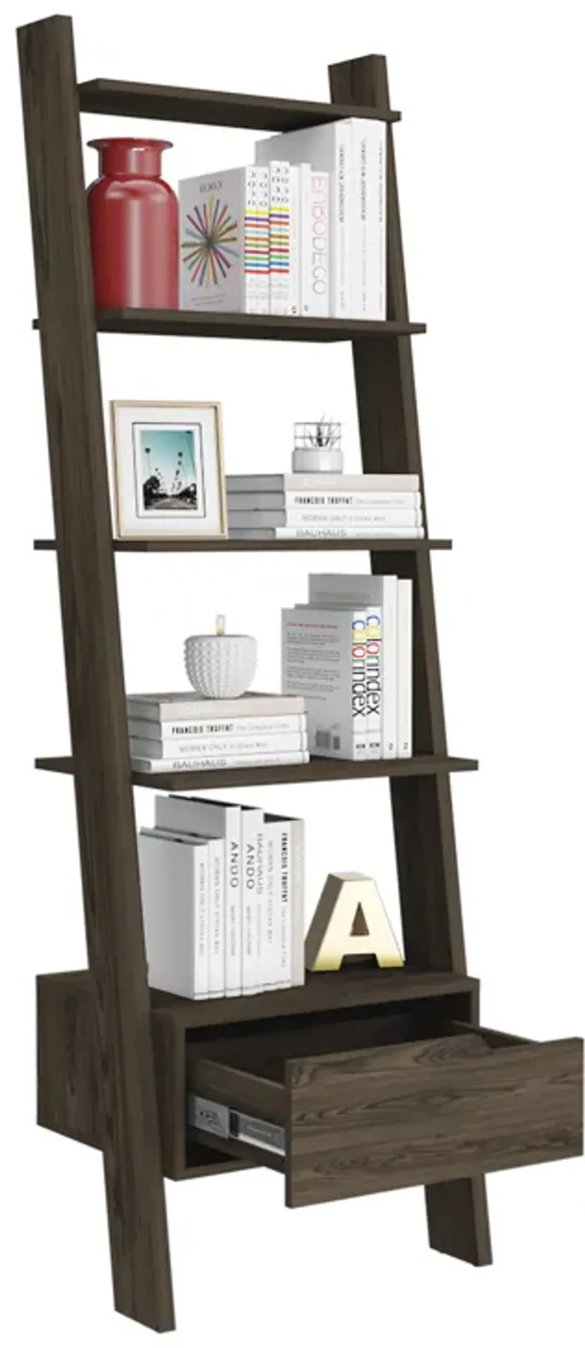 DEPOT E-SHOP Kobe Ladder Bookcase, One Drawer, Five Open Shelves, Dark Walnut