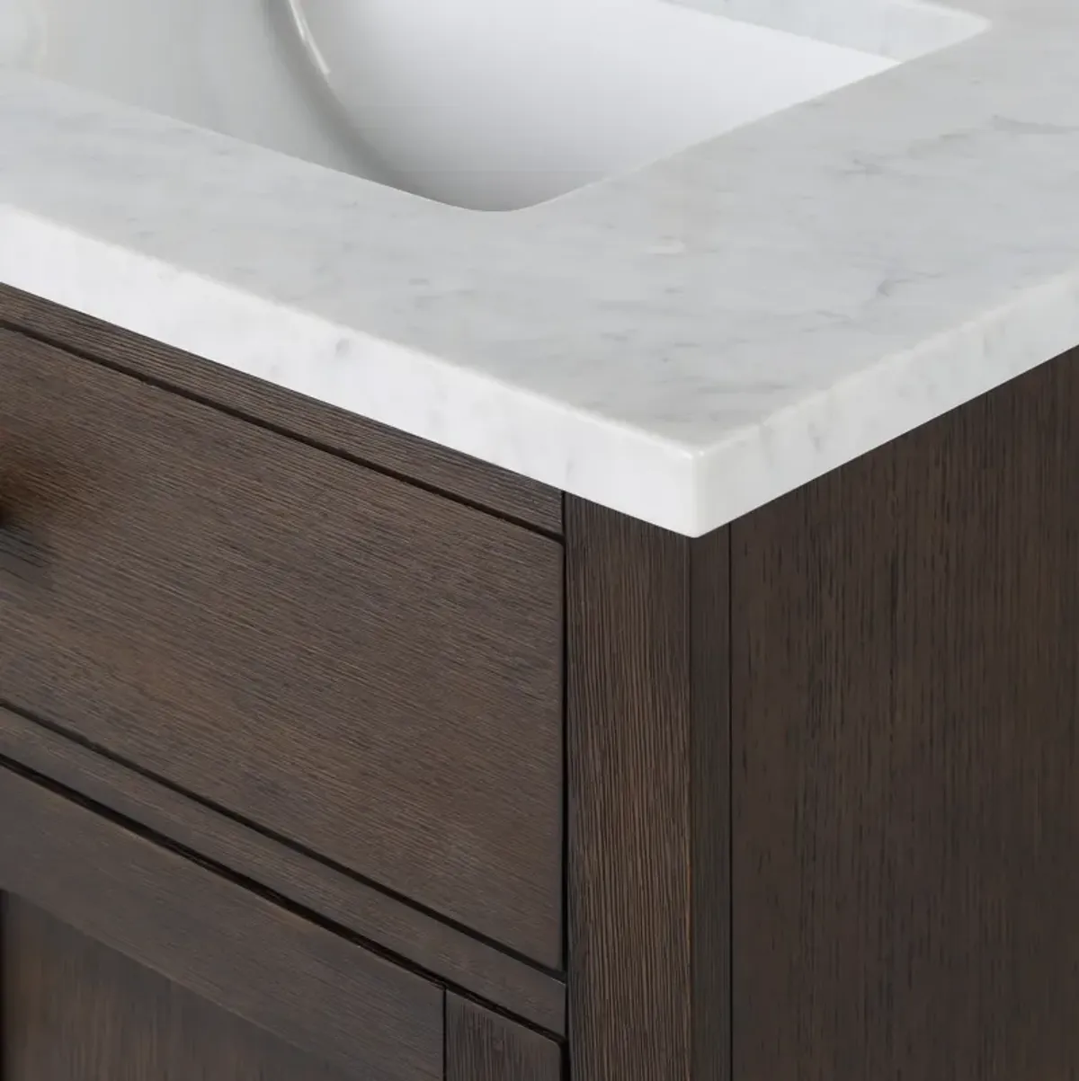 Chestnut 72 In. Double Sink Carrara White Marble Countertop Bath Vanity In Brown Oak with Satin Gold Hardware and Rectangular Mirror (S)