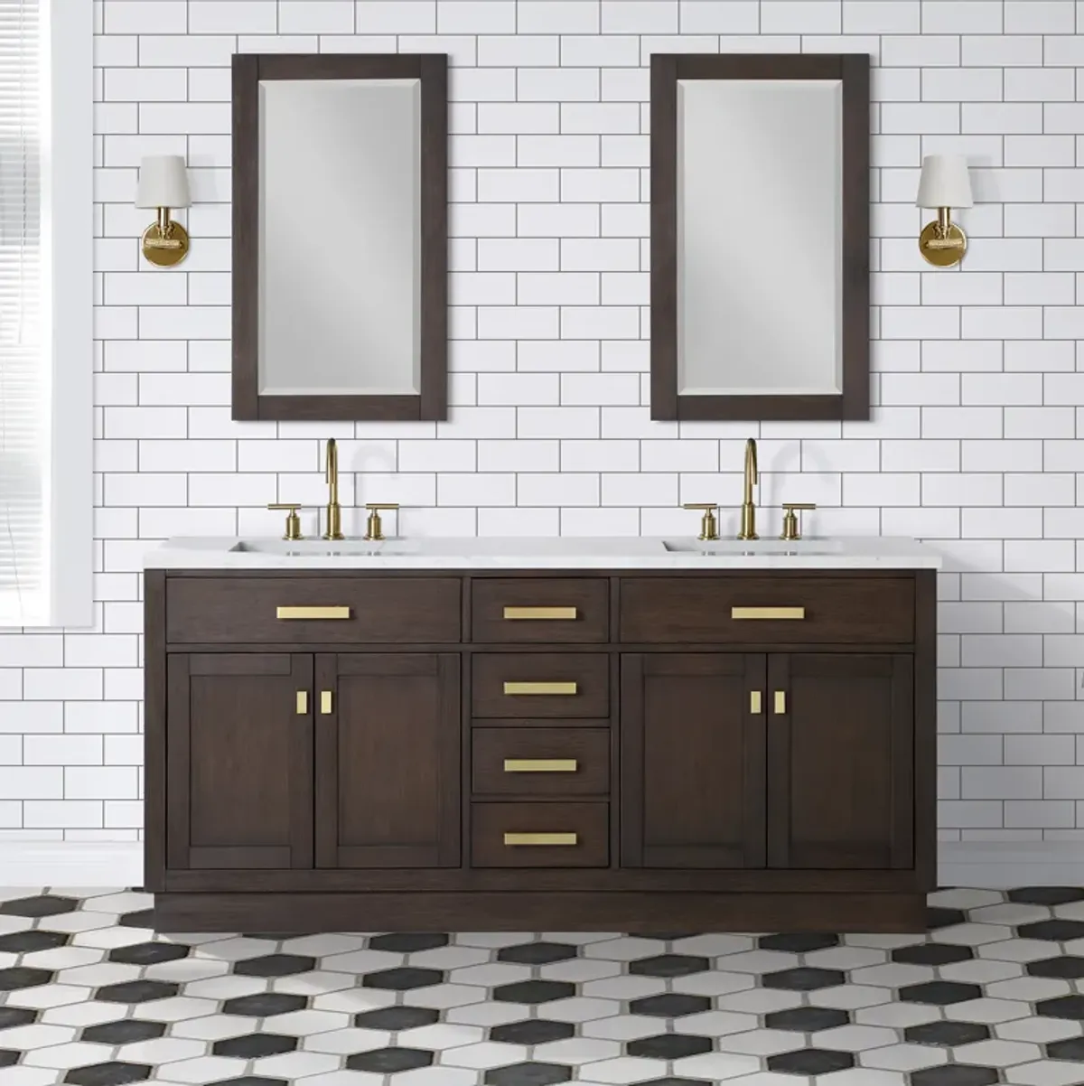 Chestnut 72 In. Double Sink Carrara White Marble Countertop Bath Vanity In Brown Oak with Satin Gold Hardware and Rectangular Mirror (S)