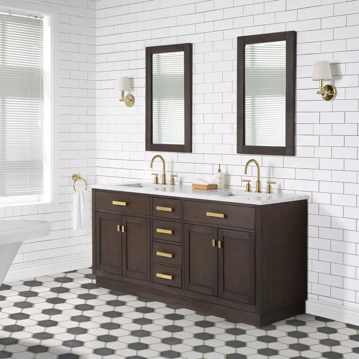 Chestnut 72 In. Double Sink Carrara White Marble Countertop Bath Vanity In Brown Oak with Satin Gold Hardware and Rectangular Mirror (S)