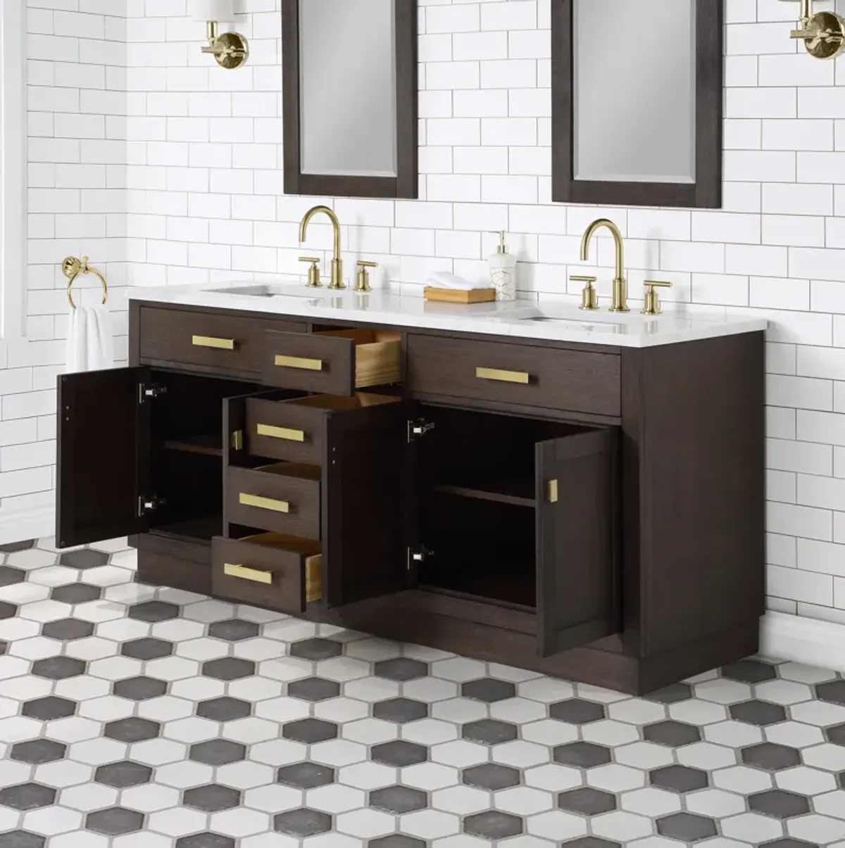 Chestnut 72 In. Double Sink Carrara White Marble Countertop Bath Vanity In Brown Oak with Satin Gold Hardware and Rectangular Mirror (S)