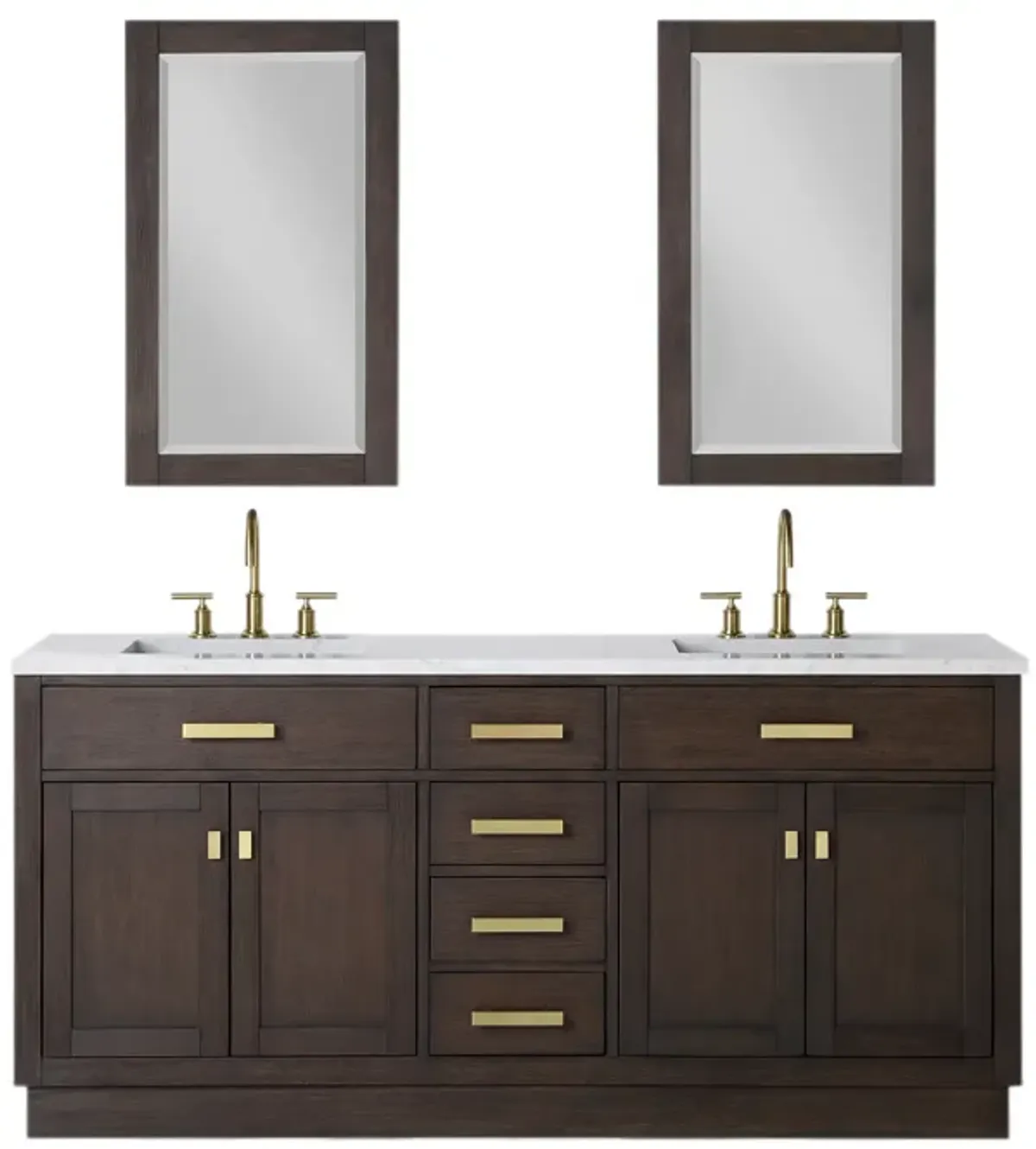 Chestnut 72 In. Double Sink Carrara White Marble Countertop Bath Vanity In Brown Oak with Satin Gold Hardware and Rectangular Mirror (S)