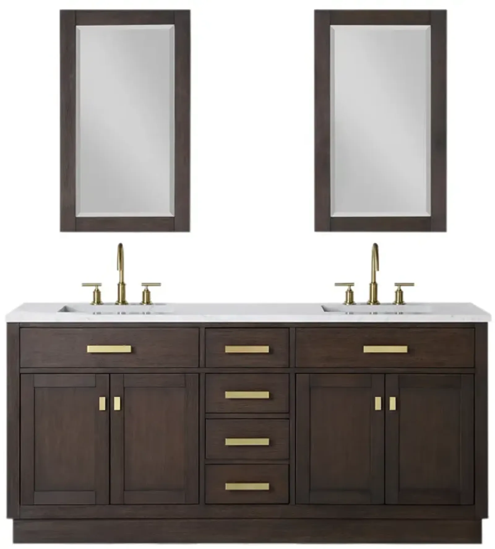 Chestnut 72 In. Double Sink Carrara White Marble Countertop Bath Vanity In Brown Oak with Satin Gold Hardware and Rectangular Mirror (S)