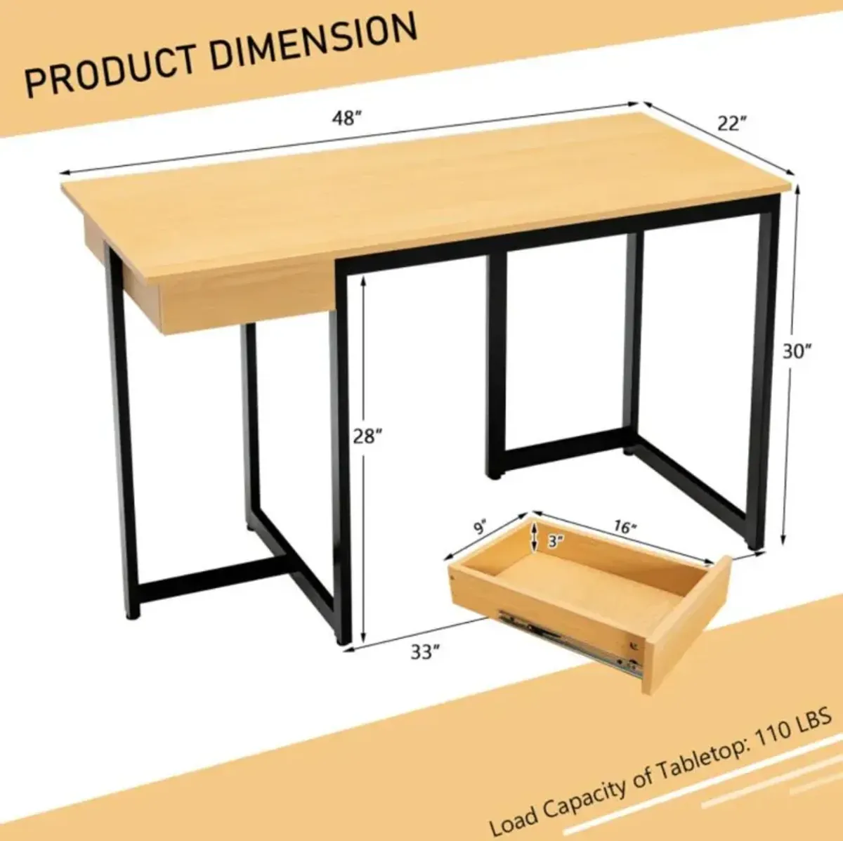 Hivvago 48 Inch Computer Desk with Metal Frame and Adjustable Pads