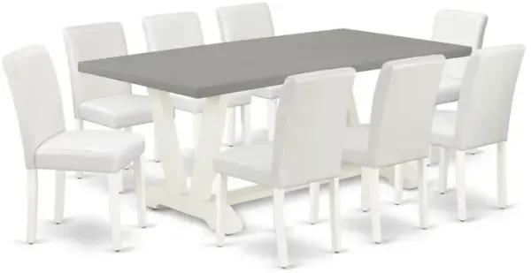 East West Furniture 9-Piece Beautiful a Superb Cement Color Wood Dining Table Top and 8 Modern Pu Leather Dining Chairs with Stylish Chair Back, Linen White Finish