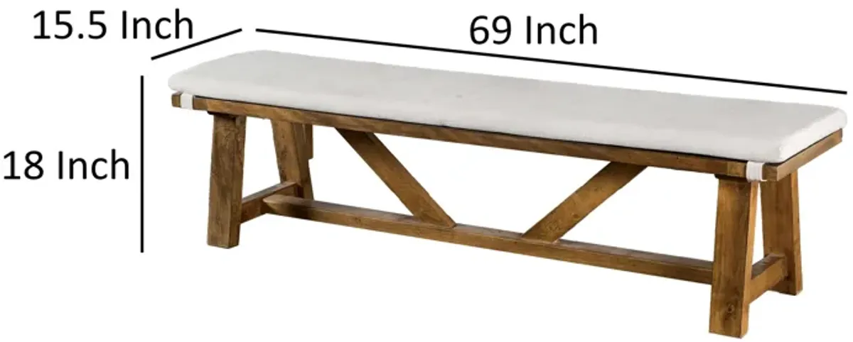 Jule Dining Bench, Trestle Base, 69 Inch, Brown Wood with Off White Seat