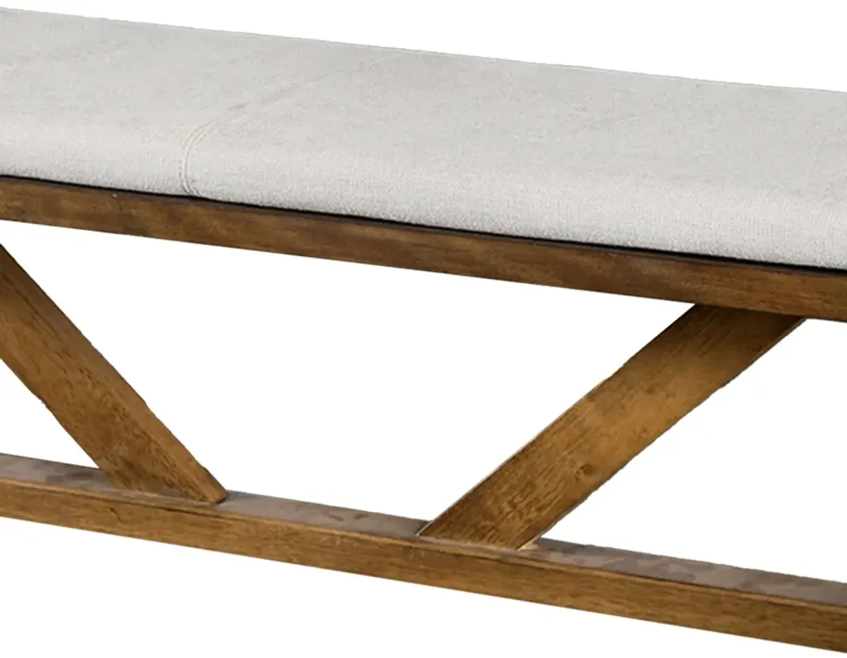 Jule Dining Bench, Trestle Base, 69 Inch, Brown Wood with Off White Seat