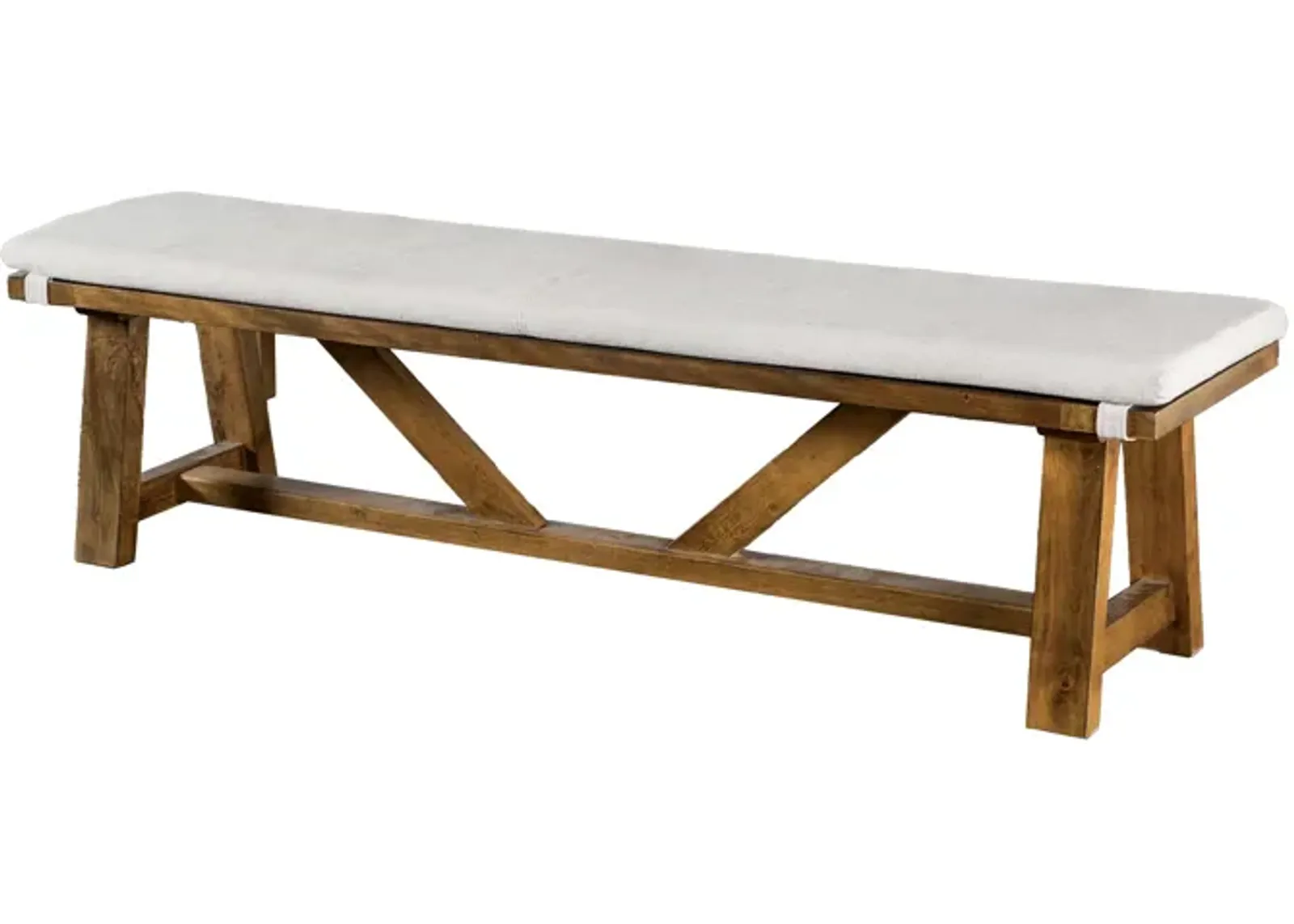 Jule Dining Bench, Trestle Base, 69 Inch, Brown Wood with Off White Seat