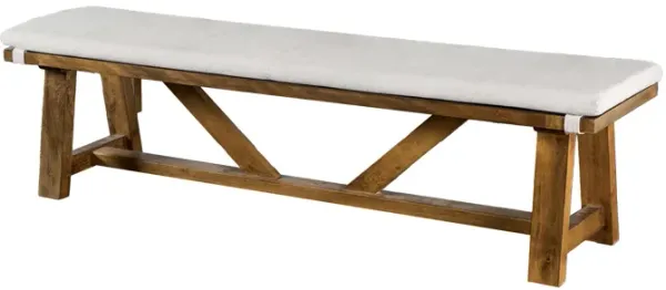 Jule Dining Bench, Trestle Base, 69 Inch, Brown Wood with Off White Seat - Benzara