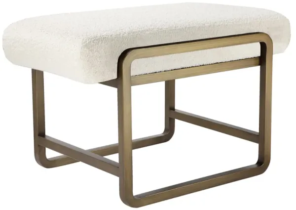 Loer 18 Inch Modern Accent Stool, Ivory Boucle Upholstery, Sled Brass Legs - Benzara