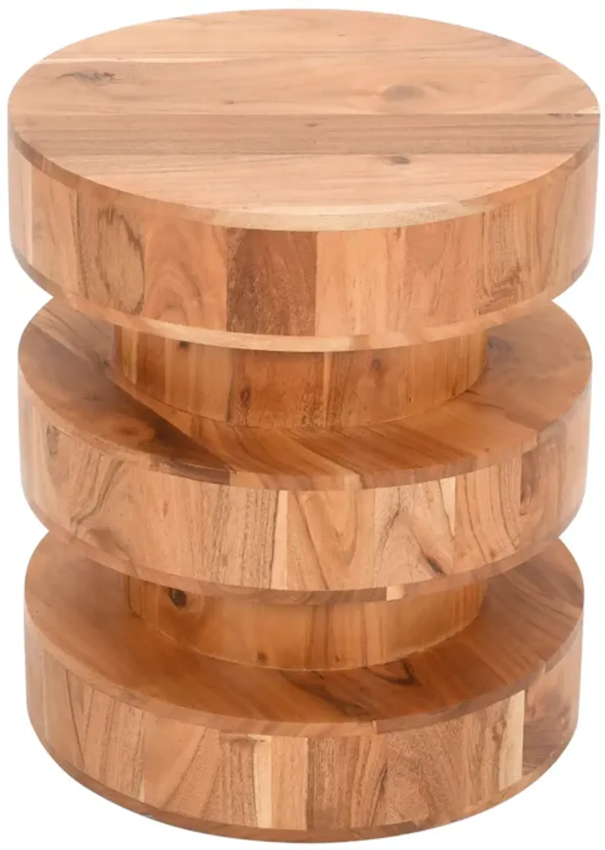 18 Inch Side End Table, Farmhouse Style Natural Brown Acacia Wood, Modern Stacked Drum Design - Benzara