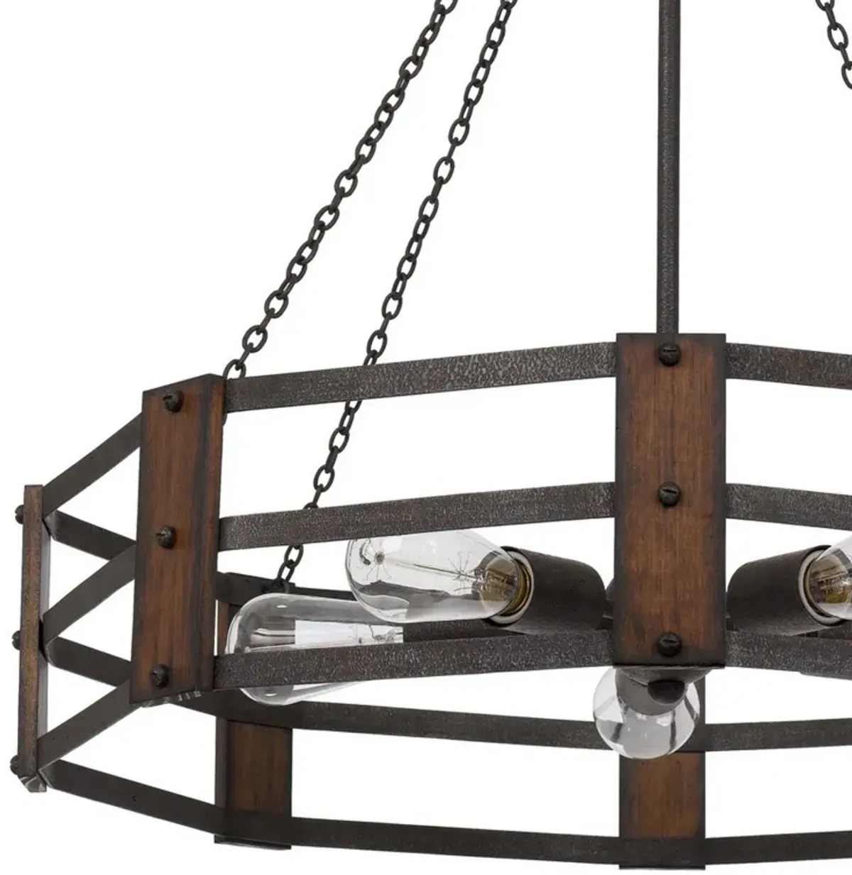 Chandelier with Octagonal Cage Design Metal Frame and Wood Accents, Brown - Benzara