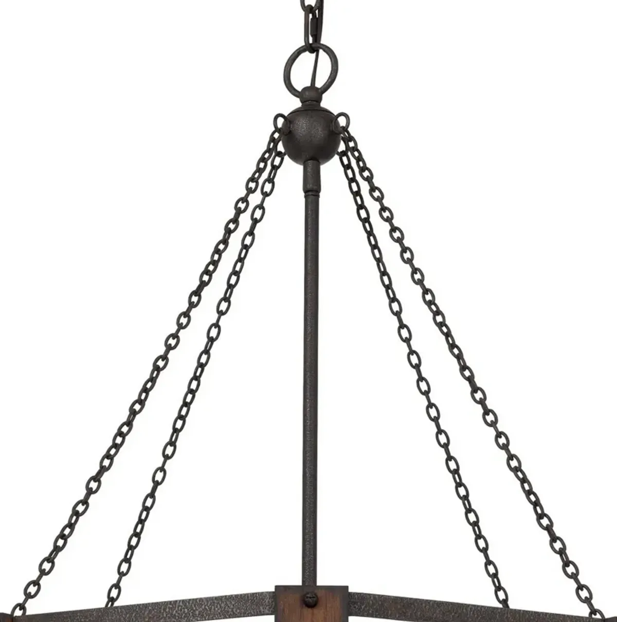 Chandelier with Octagonal Cage Design Metal Frame and Wood Accents, Brown - Benzara