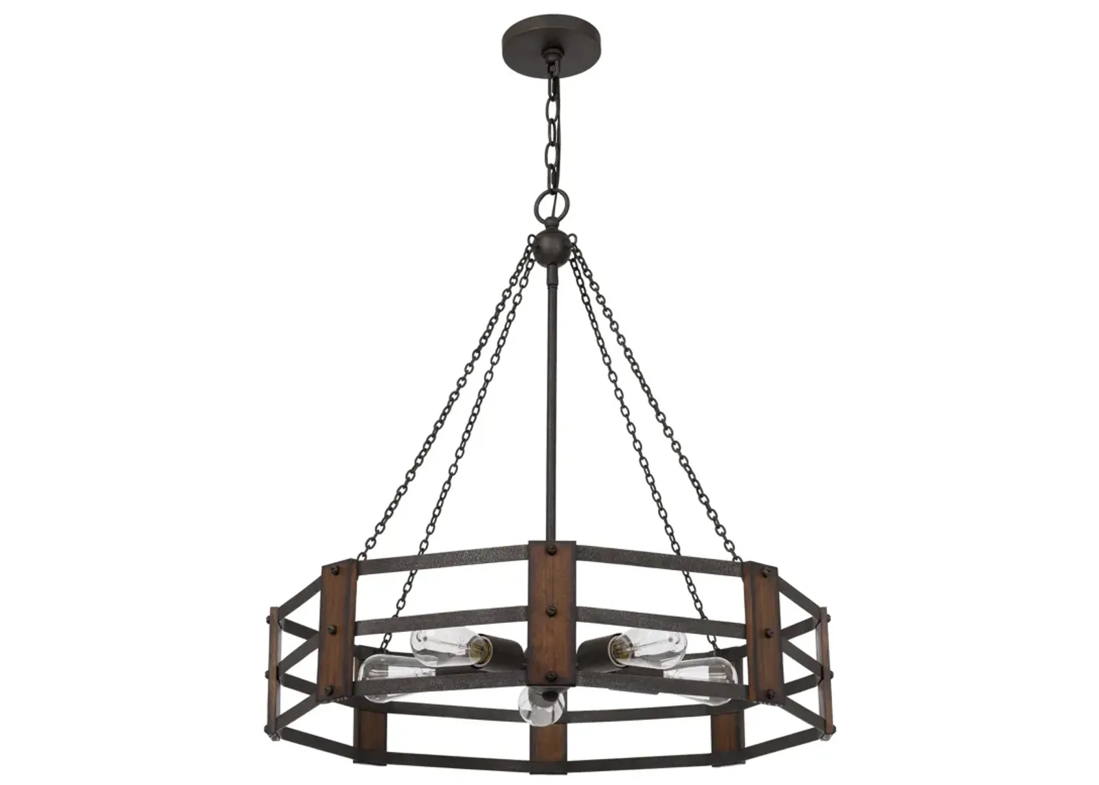 Chandelier with Octagonal Cage Design Metal Frame and Wood Accents, Brown - Benzara