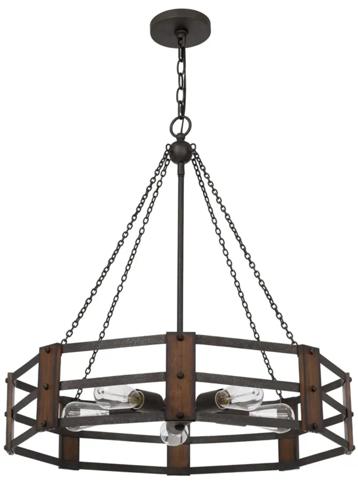 Chandelier with Octagonal Cage Design Metal Frame and Wood Accents, Brown - Benzara