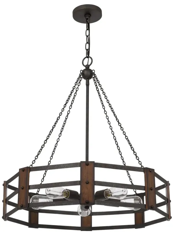 Chandelier with Octagonal Cage Design Metal Frame and Wood Accents, Brown - Benzara