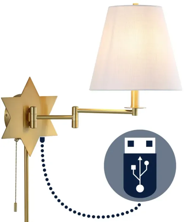 David Modern French Country Swing Arm Plug-In or Hardwired Iron LED Star Wall Sconce with Pull-Chain and USB Charging Port
