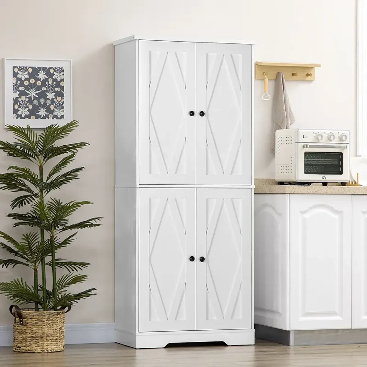 HOMCOM 71" Freestanding Kitchen Pantry Farmhouse Storage Cabinet White