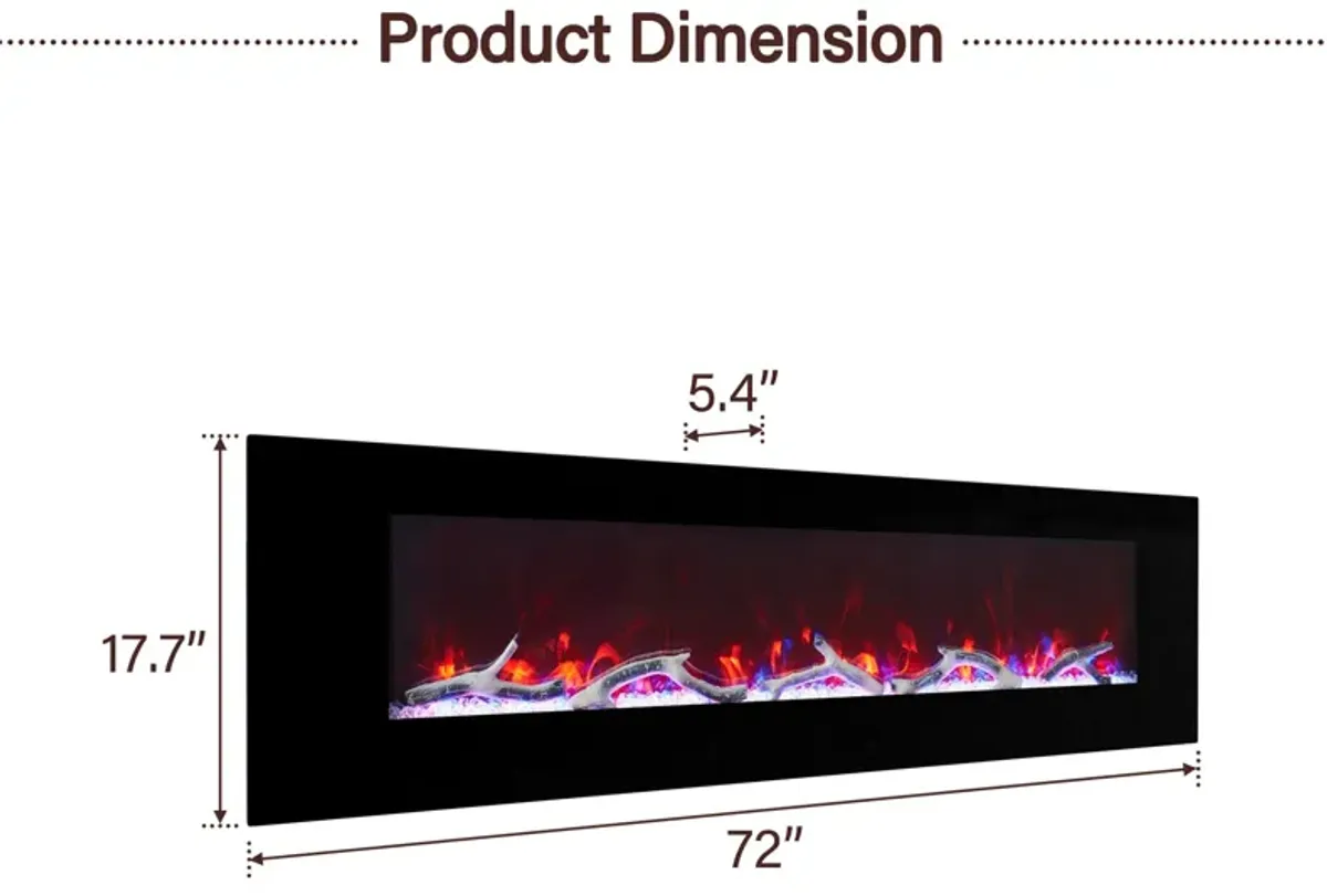 72 Inch 1500W Wall-Mount Fireplace with Multicolor Flame