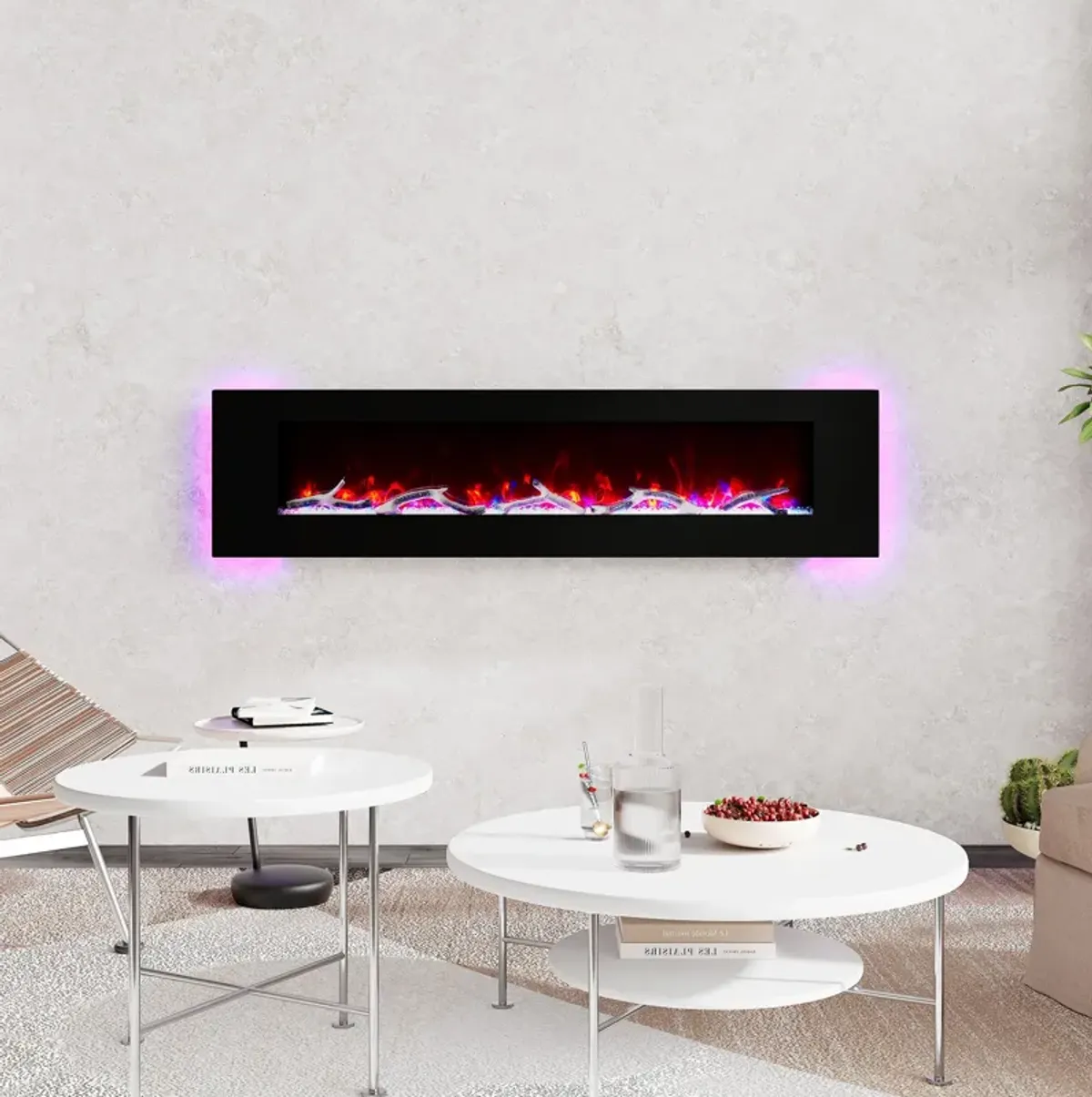 72 Inch 1500W Wall-Mount Fireplace with Multicolor Flame