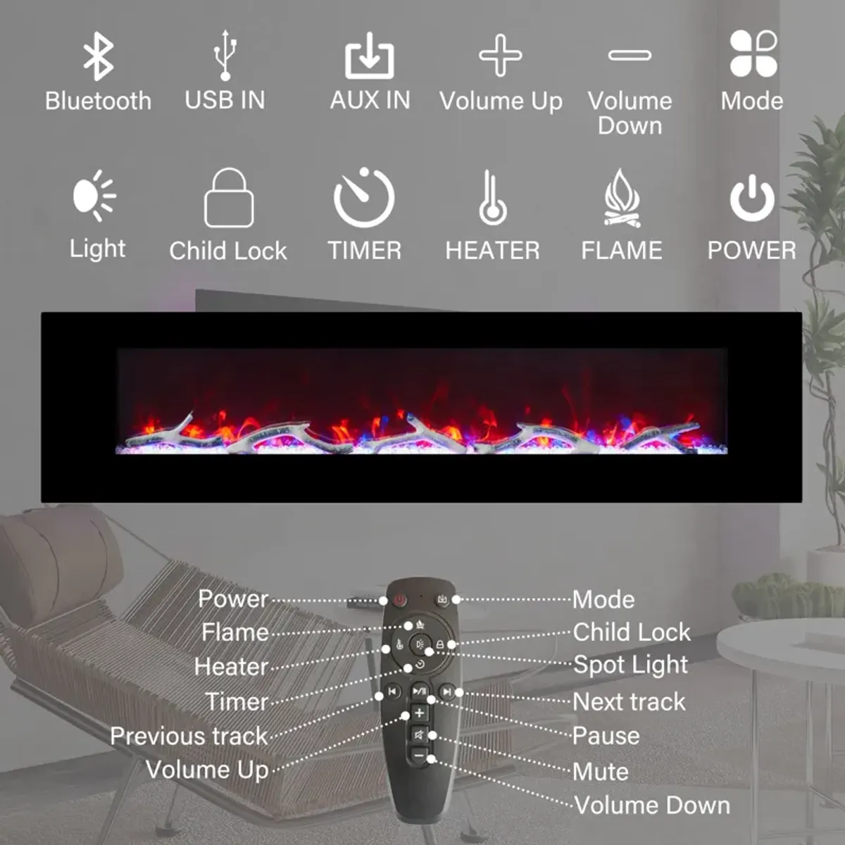 72 Inch 1500W Wall-Mount Fireplace with Multicolor Flame