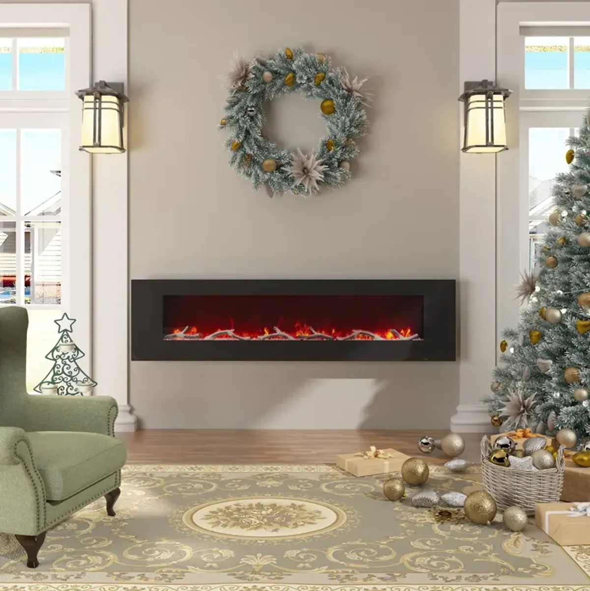 72 Inch 1500W Wall-Mount Fireplace with Multicolor Flame