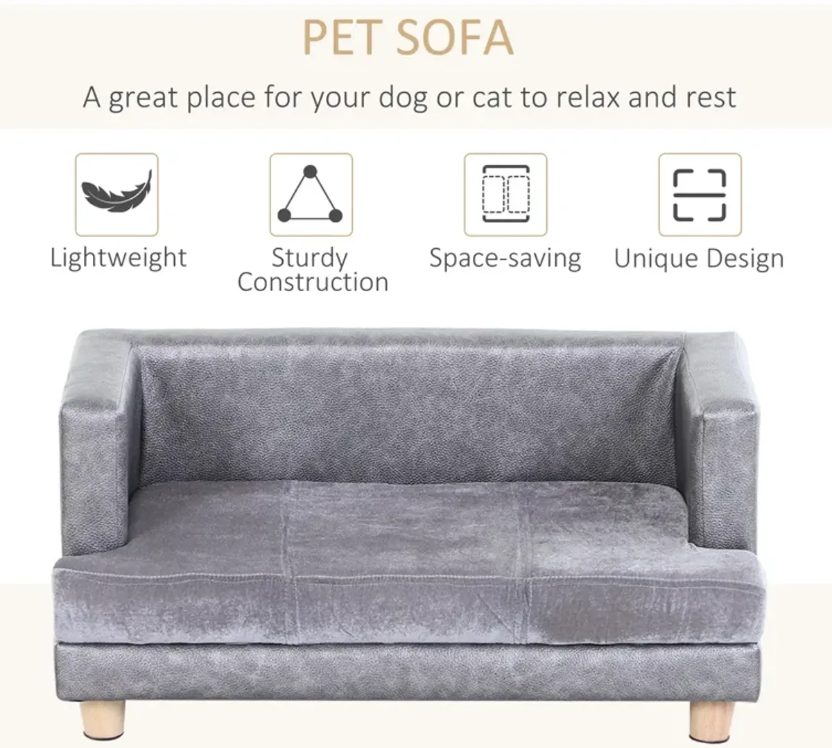 Grey Pet Sofa: Small Dog/Cat Bed with Faux Leather Combo