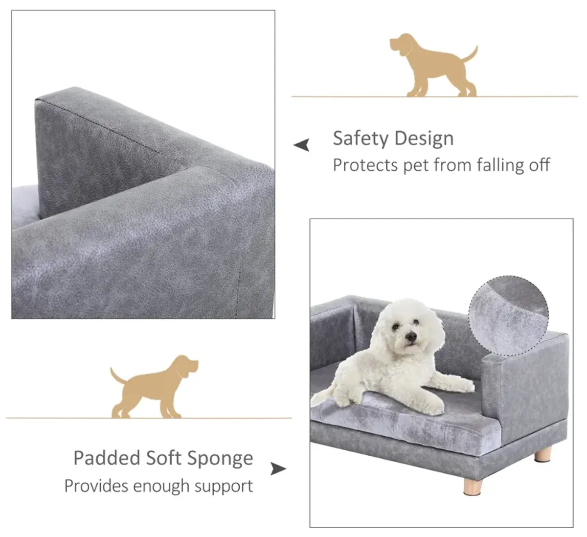 Grey Pet Sofa: Small Dog/Cat Bed with Faux Leather Combo