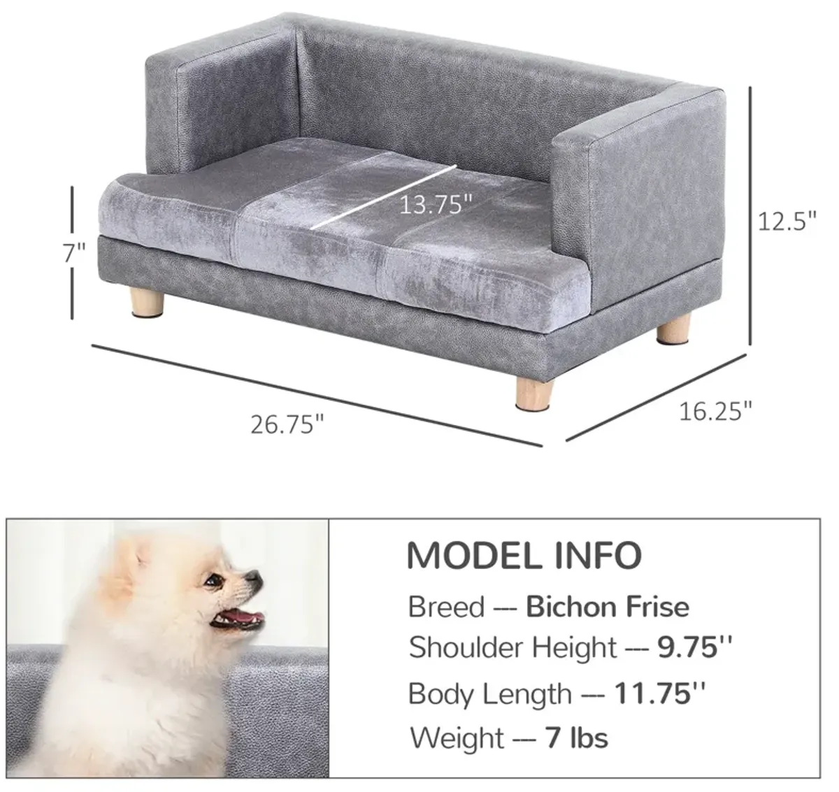 Grey Pet Sofa: Small Dog/Cat Bed with Faux Leather Combo