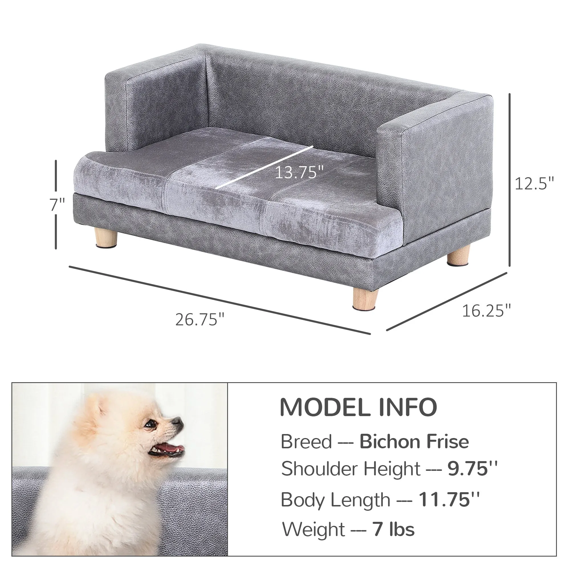 Grey Pet Sofa: Small Dog/Cat Bed with Faux Leather Combo