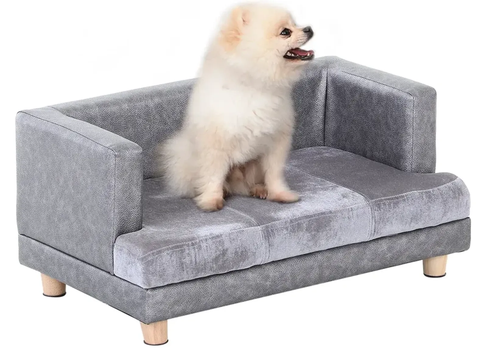 Grey Pet Sofa: Small Dog/Cat Bed with Faux Leather Combo