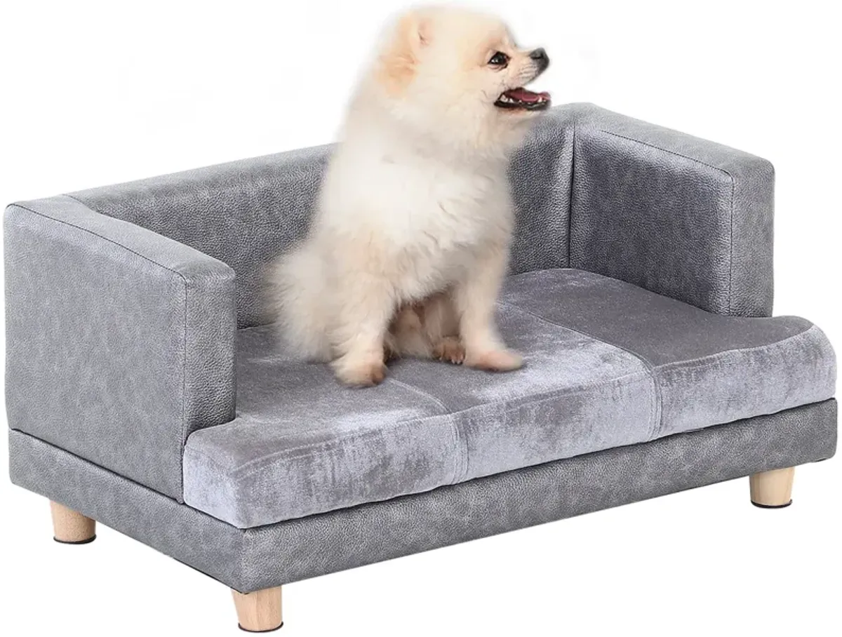 Grey Pet Sofa: Small Dog/Cat Bed with Faux Leather Combo