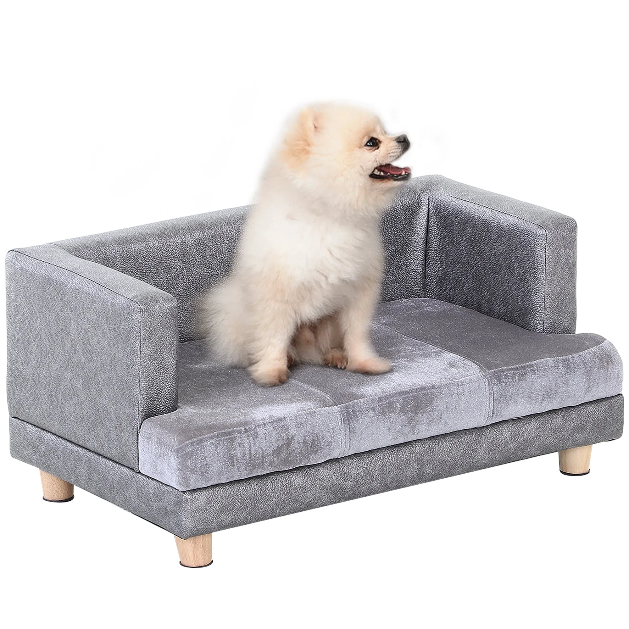 Grey Pet Sofa: Small Dog/Cat Bed with Faux Leather Combo