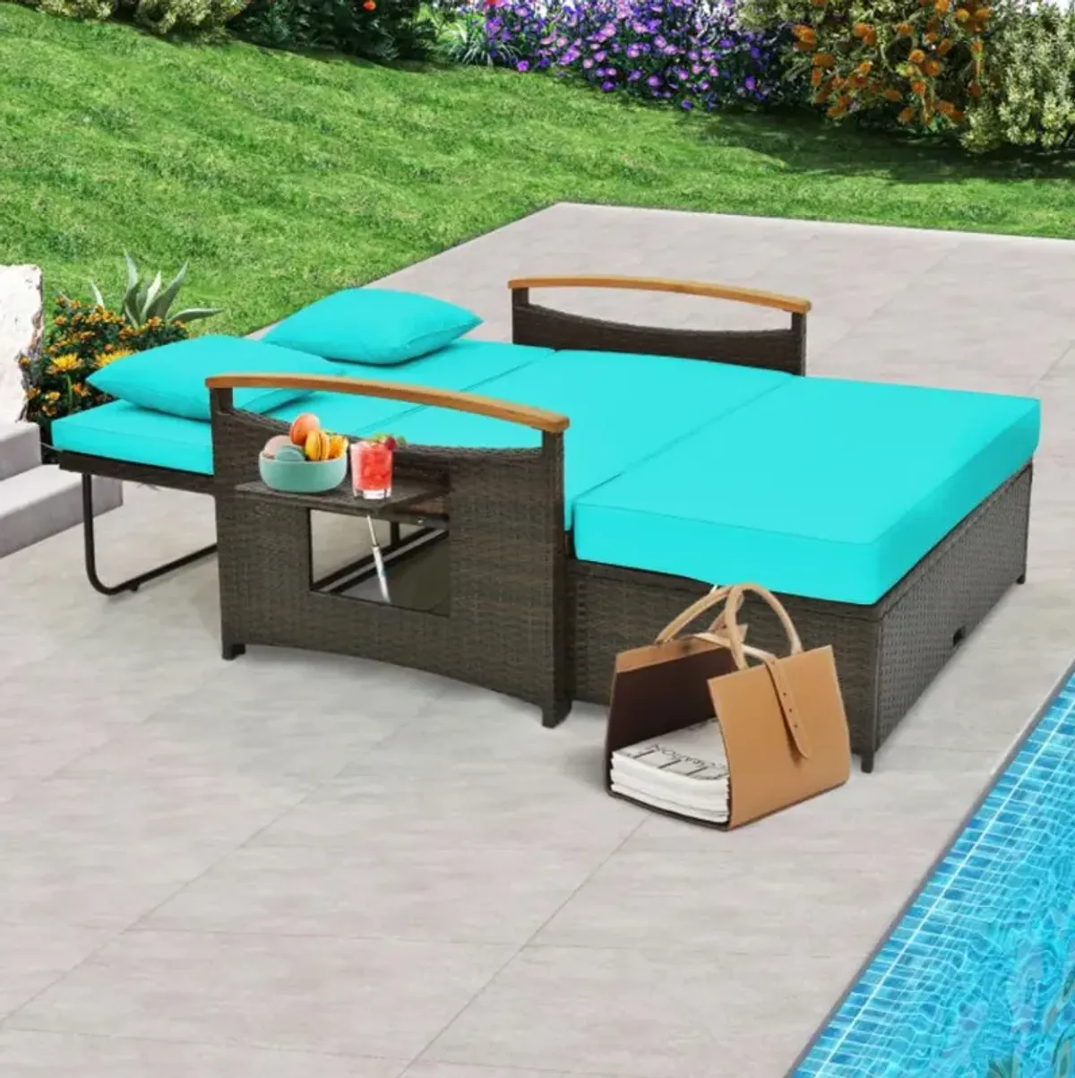 Hivvago Outdoor Wicker Daybed with Folding Panels and Storage Ottoman