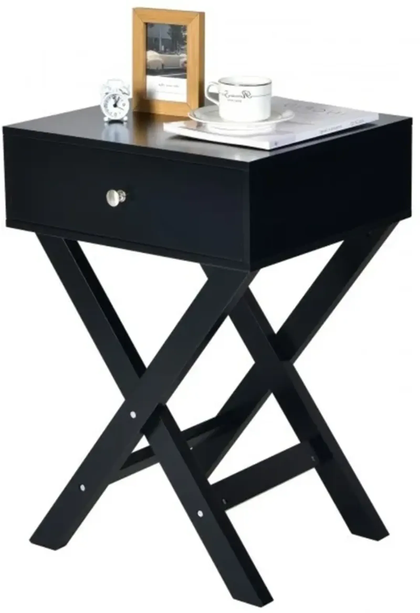 Hivvago Retro Black X-Shape 1 Drawer Nightstand Coffee Table