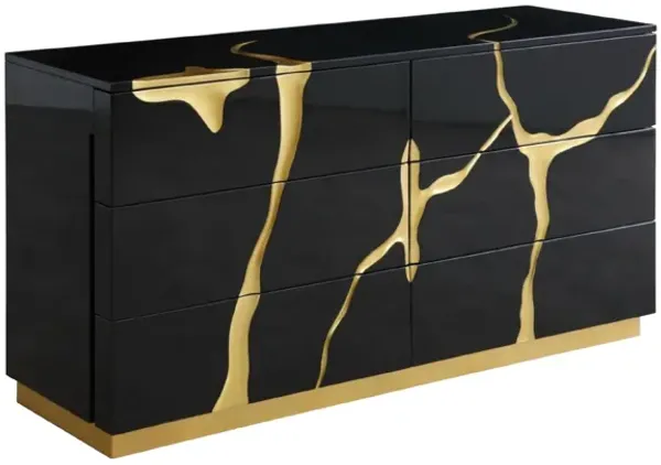 Cid Exie Dresser, Modern Glossy Black with Gold Inlaid Accents, 66 Inch - Benzara