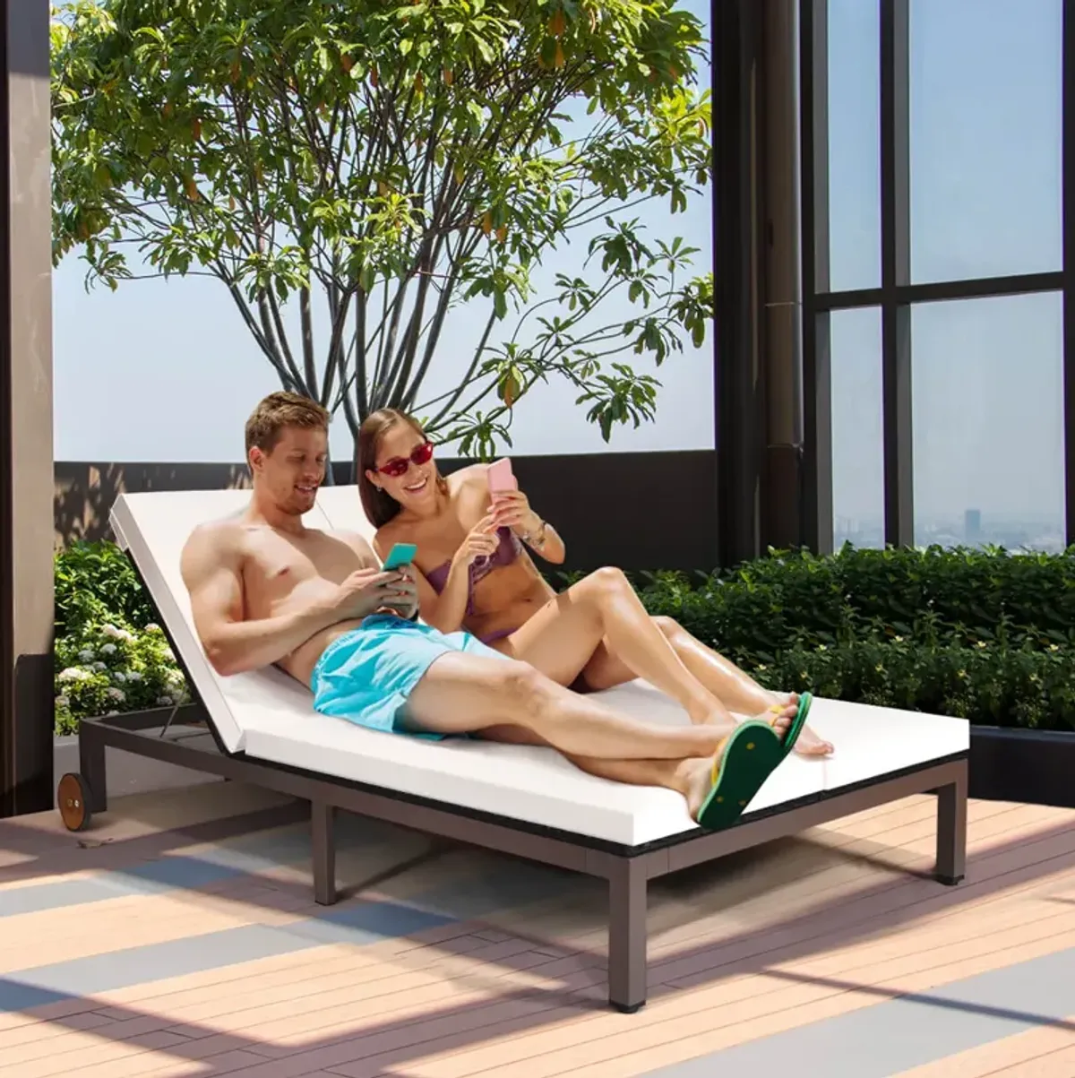 2-Person Patio Rattan Lounge Chair with Adjustable Backrest