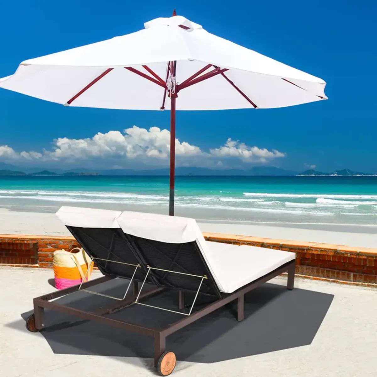 2-Person Patio Rattan Lounge Chair with Adjustable Backrest