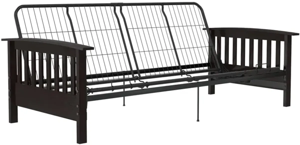 Elbi Full Size Wood Arm and Black Metal Futon Frame