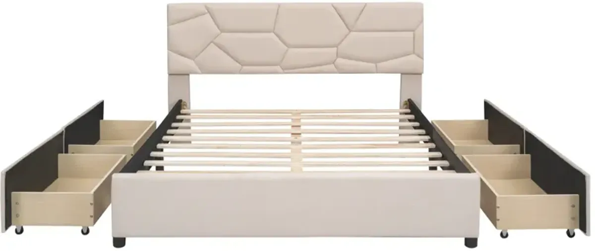 Queen Size Upholstered Platform Bed With Brick Pattern Headboard And 4 Drawers, Linen Fabric