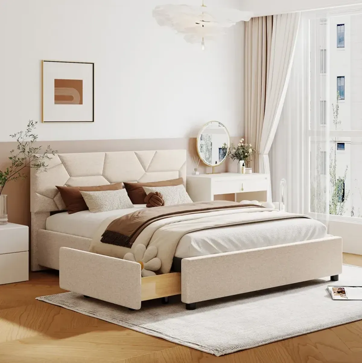 Queen Size Upholstered Platform Bed With Brick Pattern Headboard And 4 Drawers, Linen Fabric