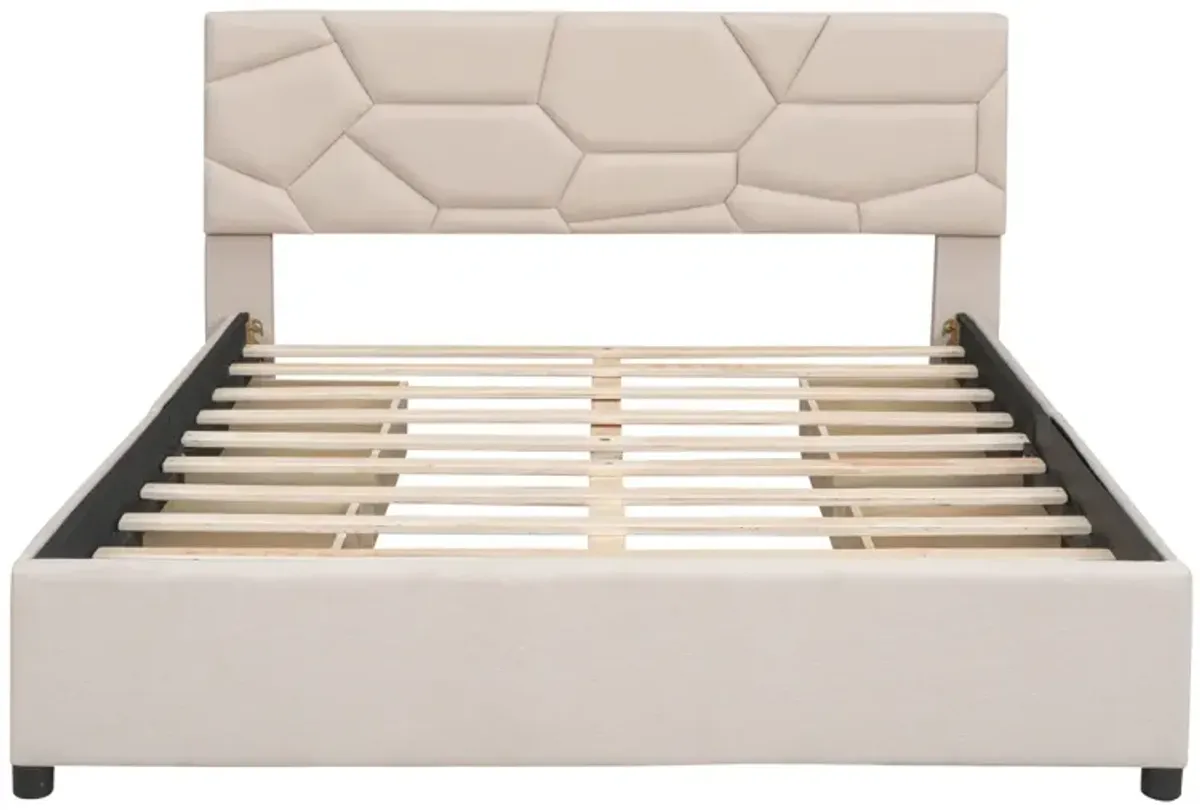 Queen Size Upholstered Platform Bed With Brick Pattern Headboard And 4 Drawers, Linen Fabric