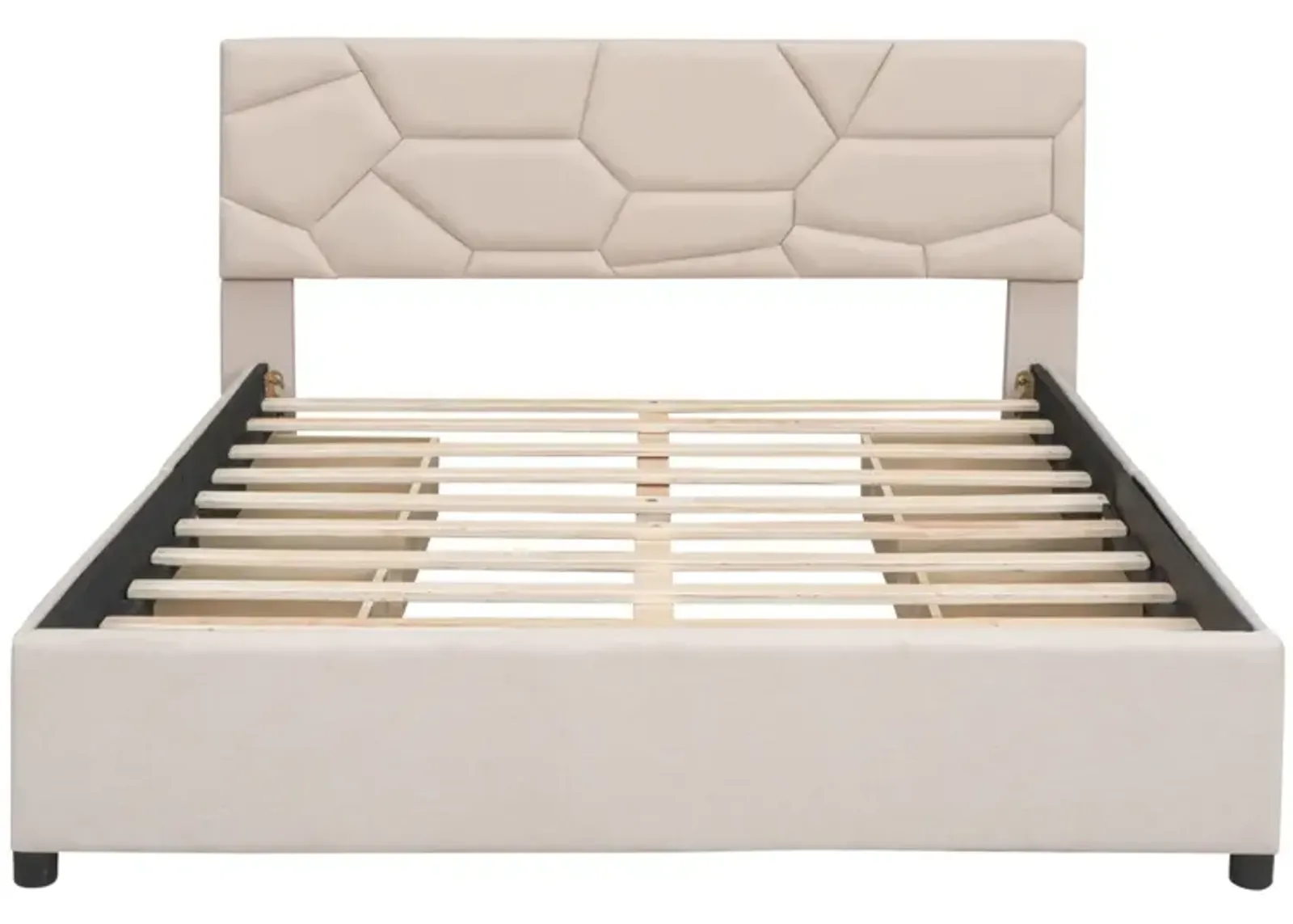 Queen Size Upholstered Platform Bed With Brick Pattern Headboard And 4 Drawers, Linen Fabric