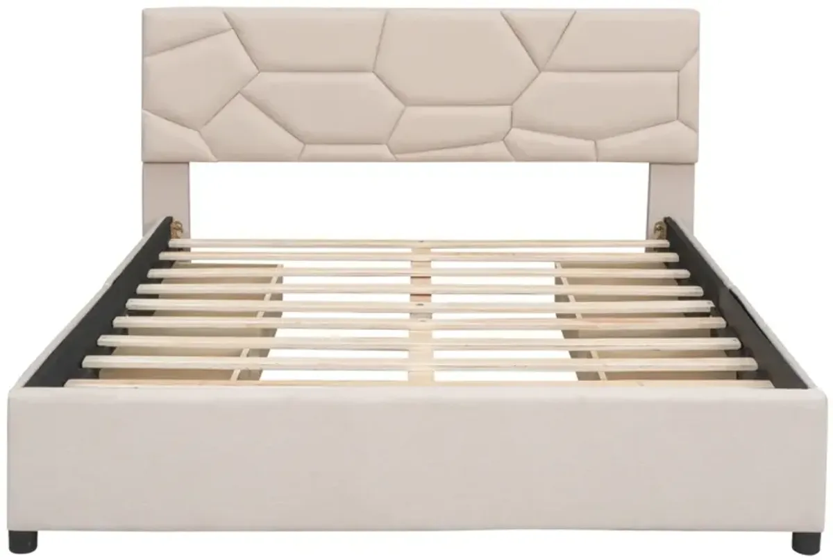 Queen Size Upholstered Platform Bed With Brick Pattern Headboard And 4 Drawers, Linen Fabric