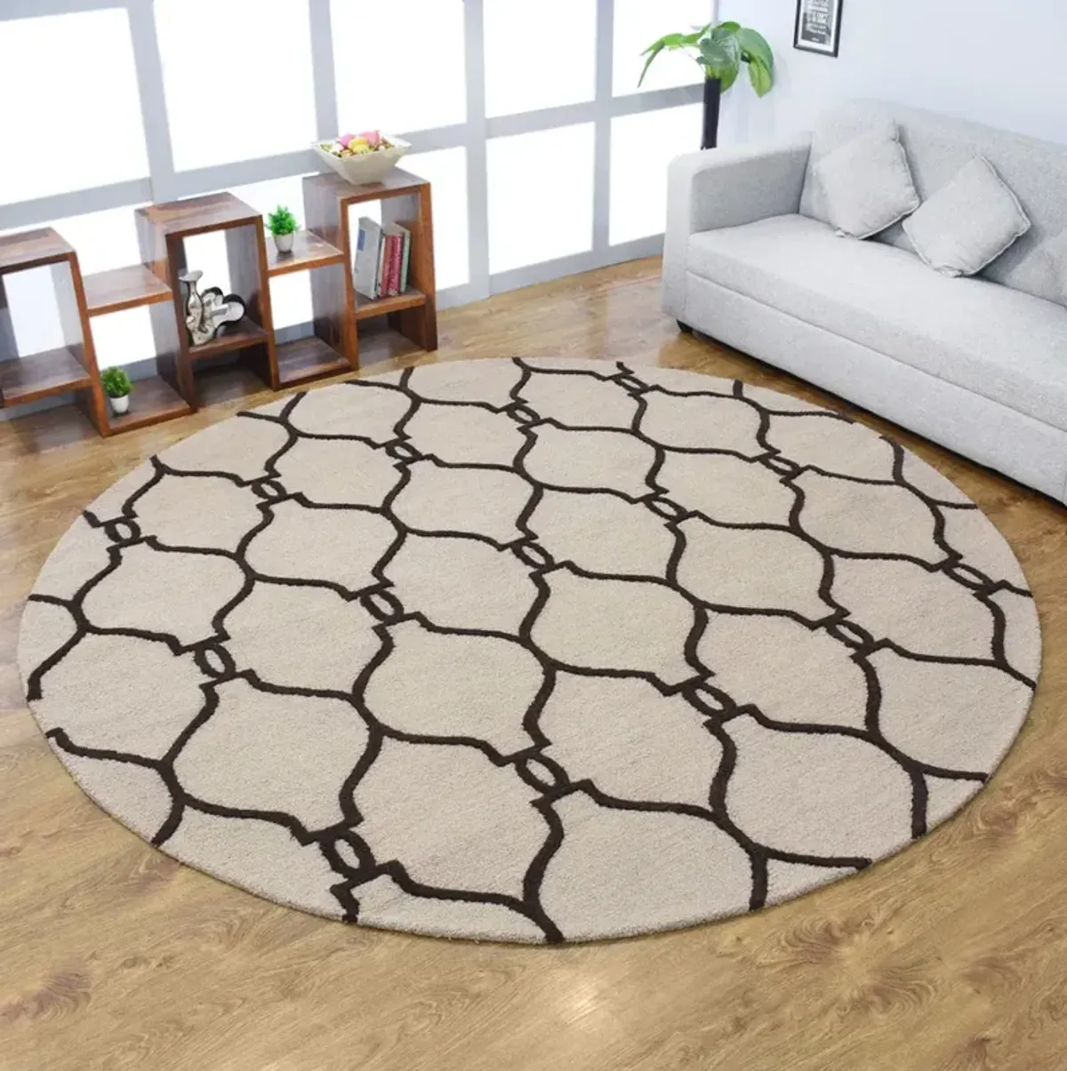 RUGSOTIC CARPETS HAND TUFTED WOOL ECO-FRIENDLY AREA RUGS  - 8'x8', Round Shape, Beige & Brown, Geometric Modern Design, High Pile Thick Handmade Area Rugs for Living Room, Bed Room (K01004)