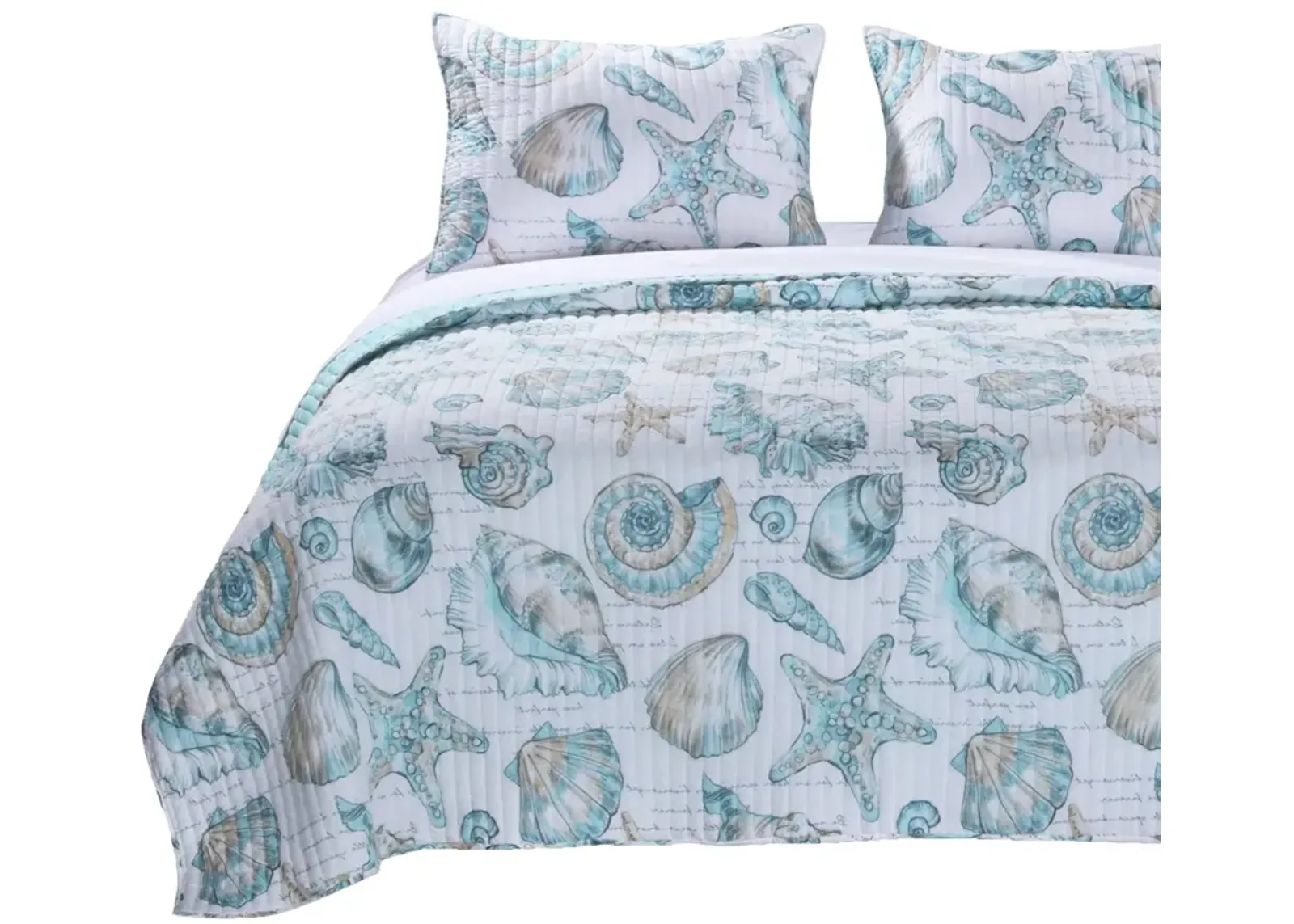 QuikFurn King size Coastal Seashells 3 Piece White Teal Polyester Reversible Quilt Set